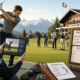 Golf coach with tablet video-analysis, group practice and Swiss Alps backdrop.