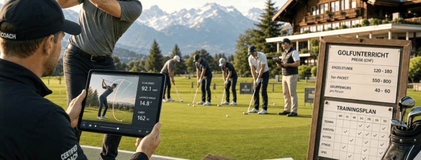 Golf coach with tablet video-analysis, group practice and Swiss Alps backdrop.
