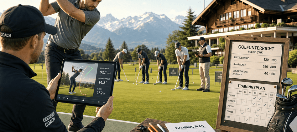 Golf coach with tablet video-analysis, group practice and Swiss Alps backdrop.