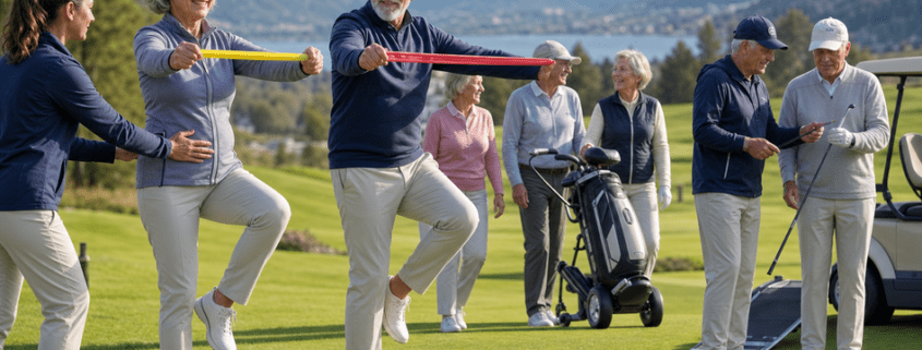 Senior golfers exercising and socialising on a Swiss alpine golf course with electric trolleys.