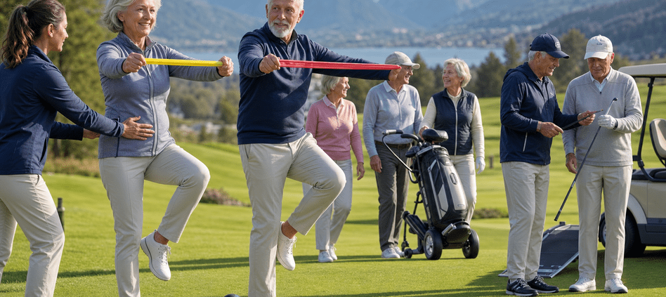Senior golfers exercising and socialising on a Swiss alpine golf course with electric trolleys.